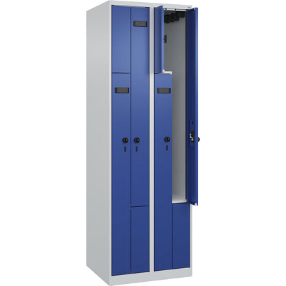 Evolo PLUS Z-locker, 2 compartments, light grey / gentian blue, W 600 mm, 4 compartments, with floor glides, security rotary bolt.