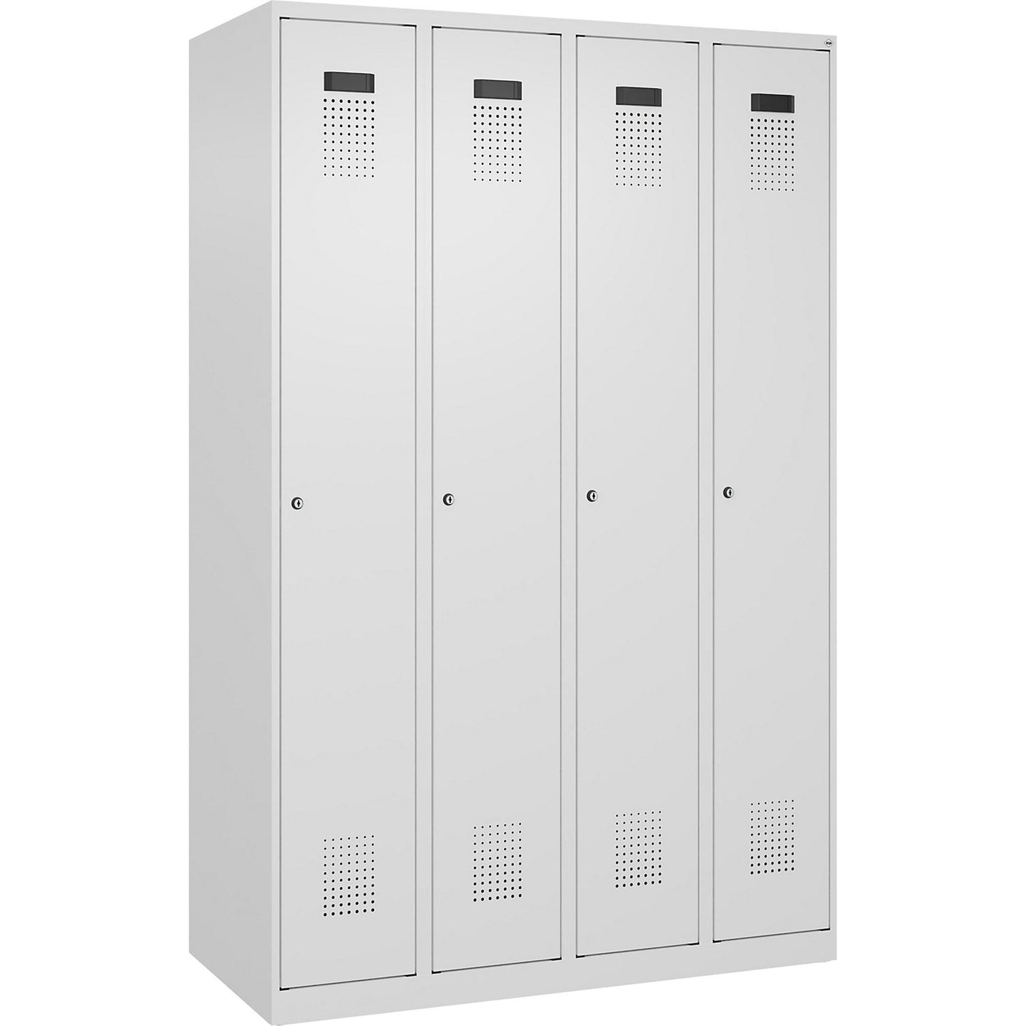 Evolo PLUS clean and dirty clothes locker, narrow, 4 compartments, shortened centre divider, white, W 1200 mm, with floor glides, cylinder lock.