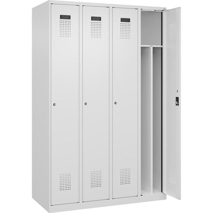 Evolo PLUS clean and dirty clothes locker, narrow, 4 compartments, shortened centre divider, white, W 1200 mm, with floor glides, cylinder lock.