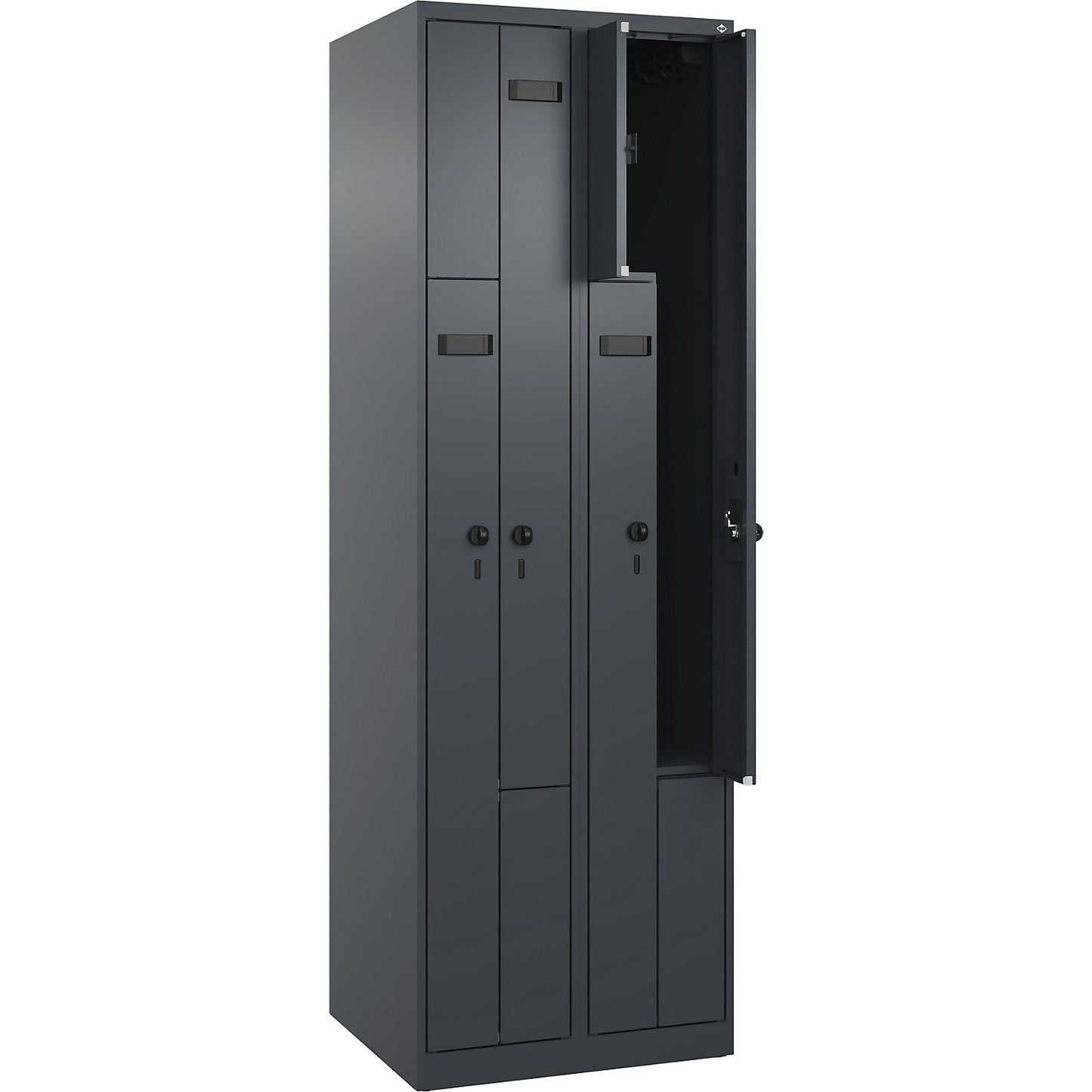 Evolo PLUS Z-locker, 2 compartments, grey, W 600 mm, 4 compartments, with floor glides, security rotary bolt.