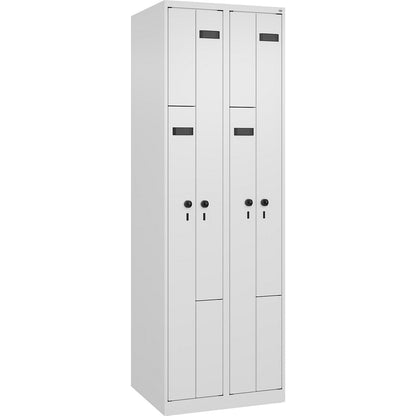 Evolo PLUS Z-locker, 2 compartments, white, W 600 mm, 4 compartments, with floor glides, security rotary bolt.