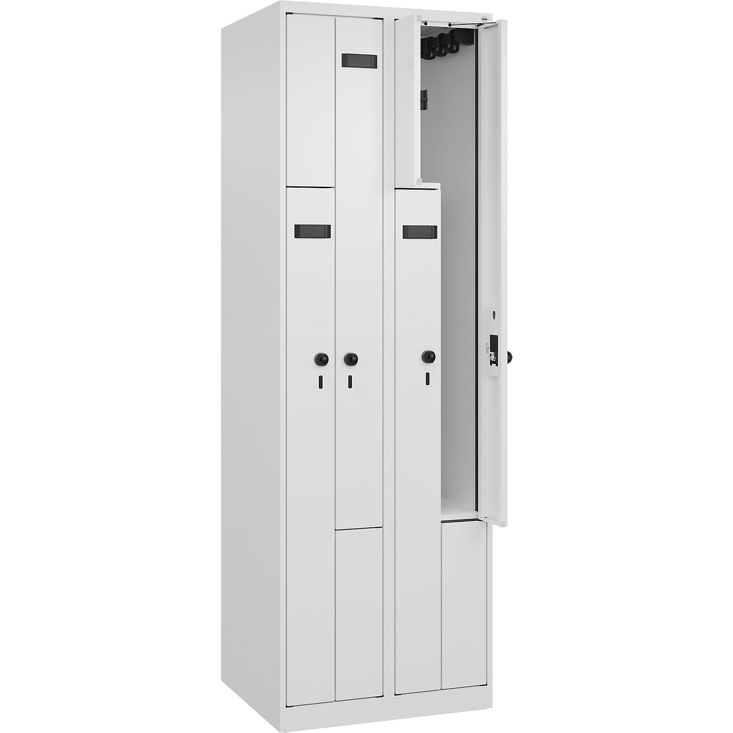Evolo PLUS Z-locker, 2 compartments, white, W 600 mm, 4 compartments, with floor glides, security rotary bolt.
