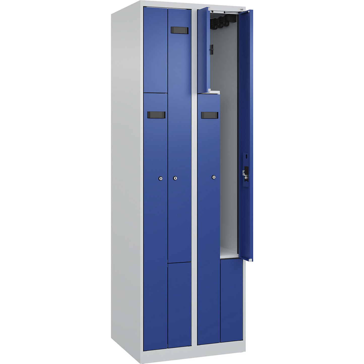 Evolo PLUS Z-locker, 2 compartments, light grey / gentian blue, W 600 mm, 4 compartments, with floor glides, cylinder lock.