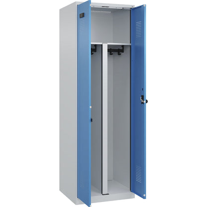 Evolo PLUS clean and dirty locker, 1 compartment, shortened centre divider, light grey / light blue, W 600 mm, with floor glides, security rotary bolt.