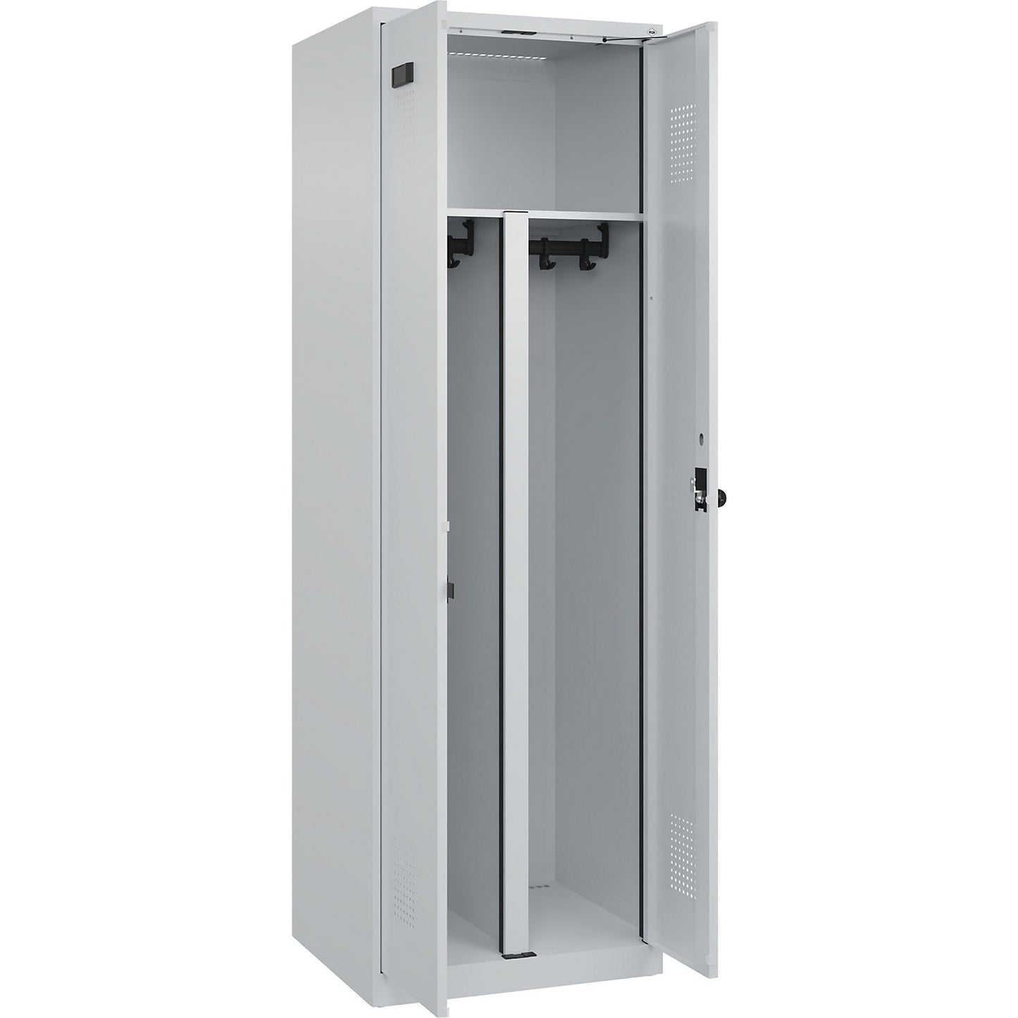 Evolo PLUS clean and dirty locker, 1 compartment, shortened centre divider, light grey, W 600 mm, with floor glides, security rotary bolt.