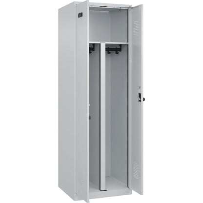Evolo PLUS clean and dirty locker, 1 compartment, shortened centre divider, light grey, W 600 mm, with floor glides, security rotary bolt.