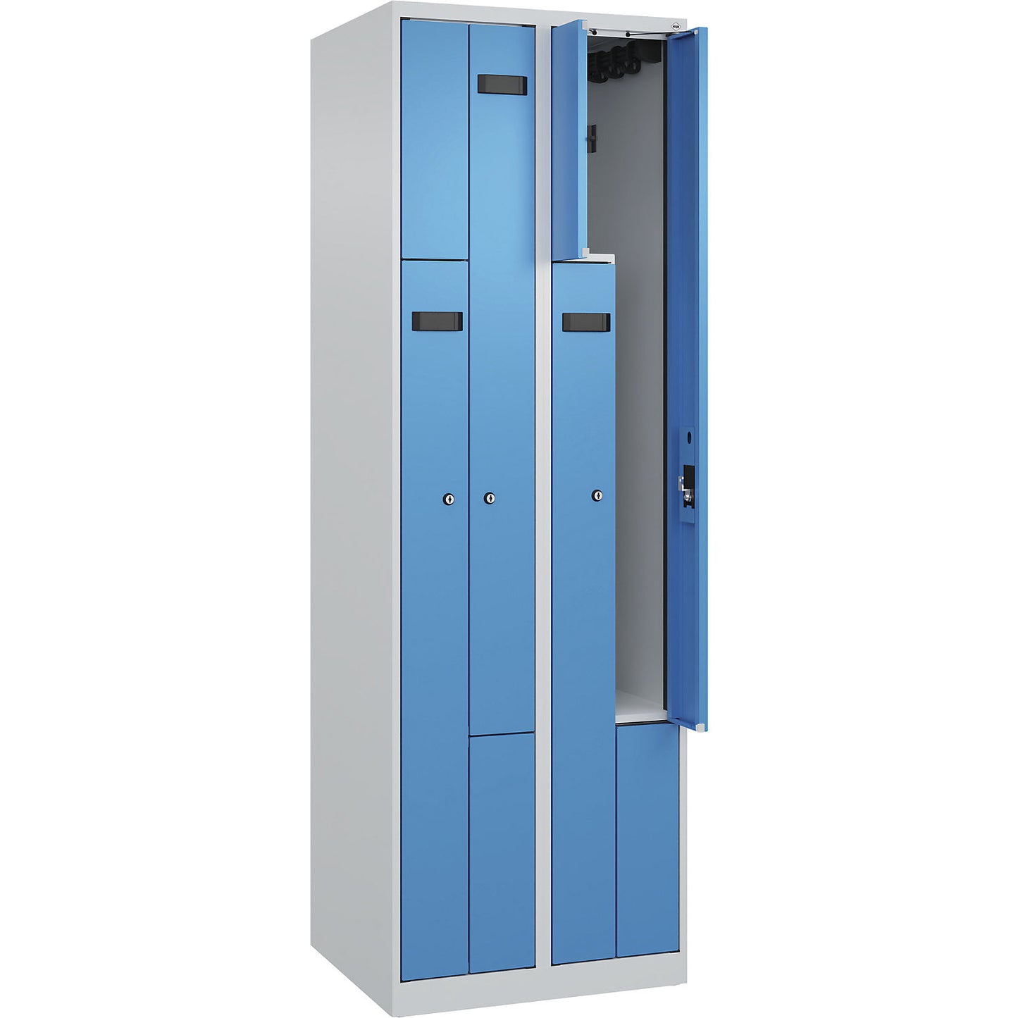 Evolo PLUS Z-locker, 2 compartments, light grey / light blue, W 600 mm, 4 compartments, with floor glides, cylinder lock.