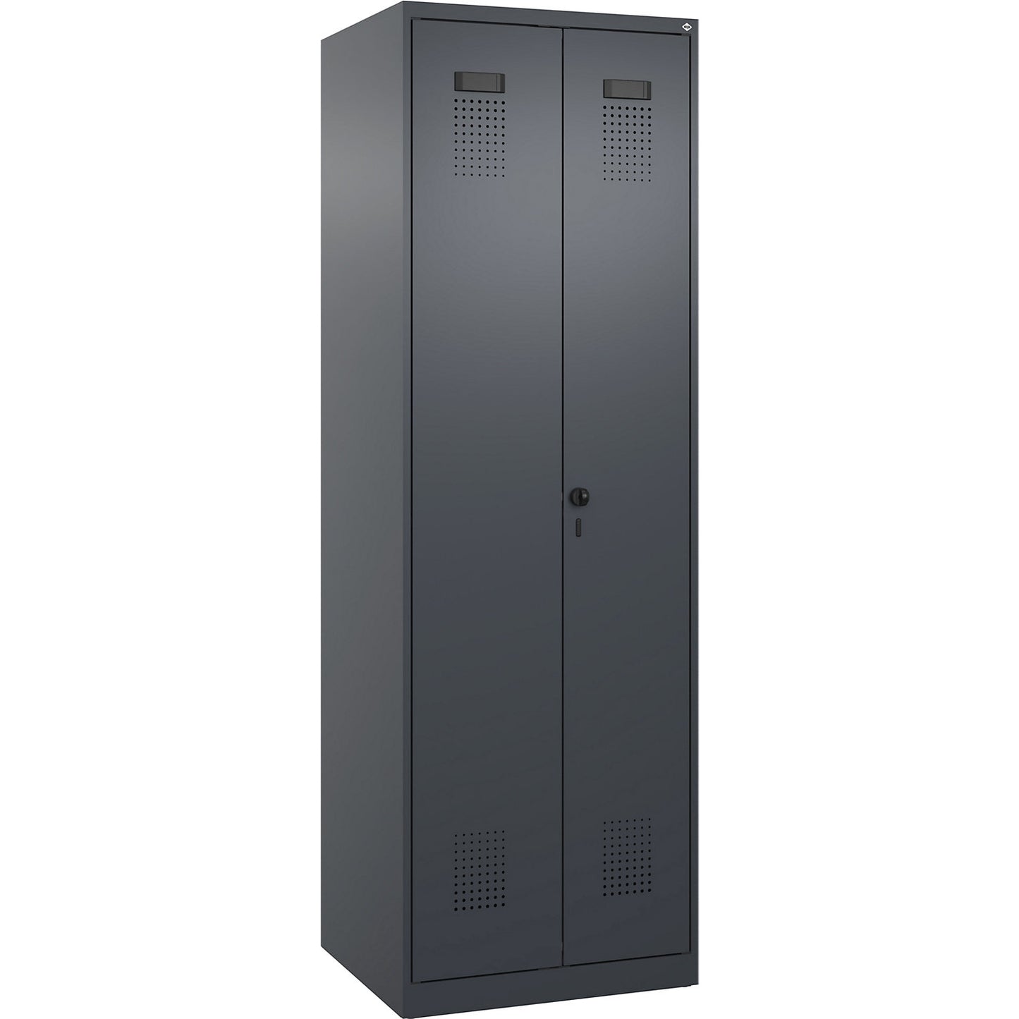 Evolo PLUS clean and dirty locker, 1 compartment, shortened centre divider, grey, W 600 mm, with floor glides, security rotary bolt.