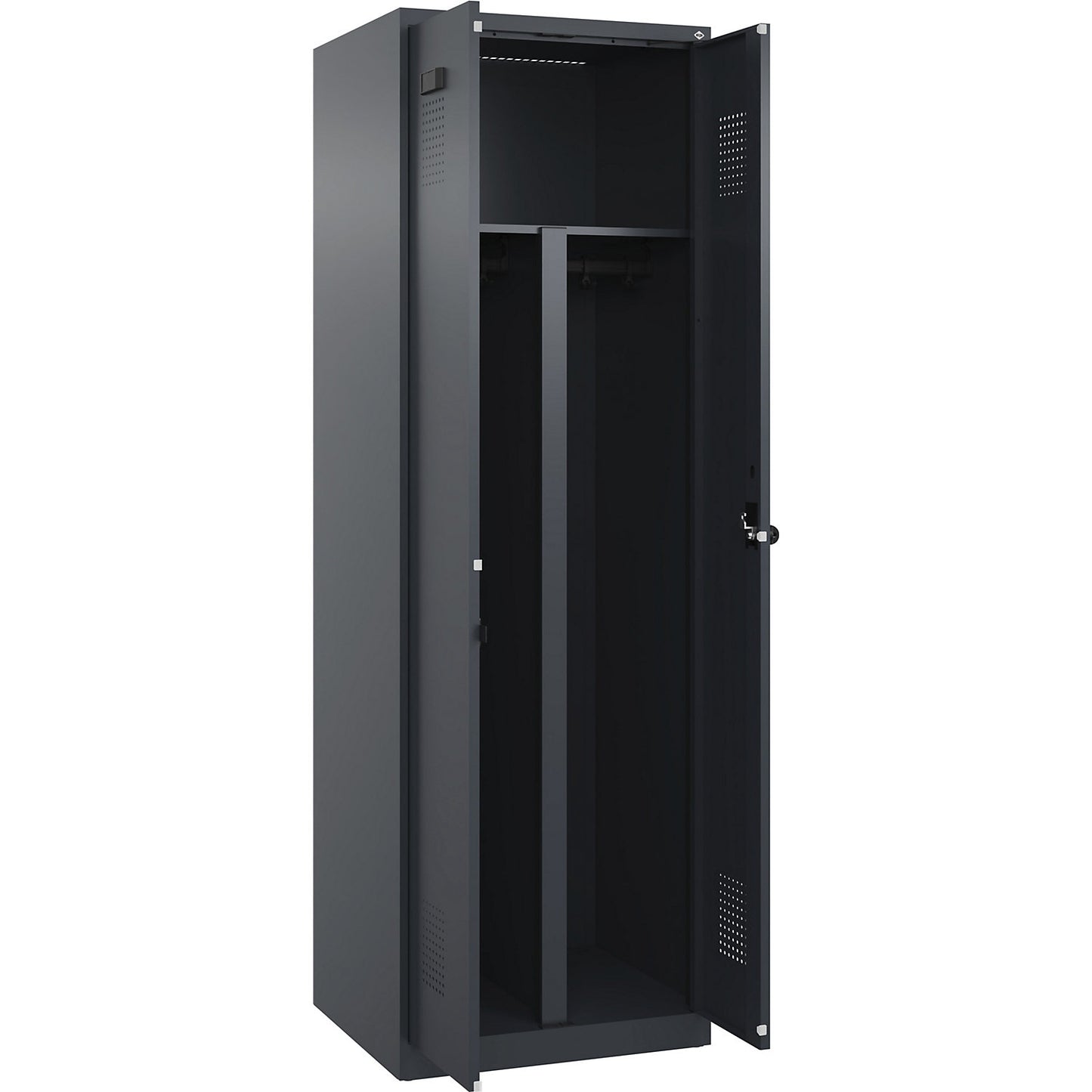 Evolo PLUS clean and dirty locker, 1 compartment, shortened centre divider, grey, W 600 mm, with floor glides, security rotary bolt.
