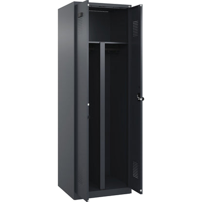 Evolo PLUS clean and dirty locker, 1 compartment, shortened centre divider, grey, W 600 mm, with floor glides, security rotary bolt.