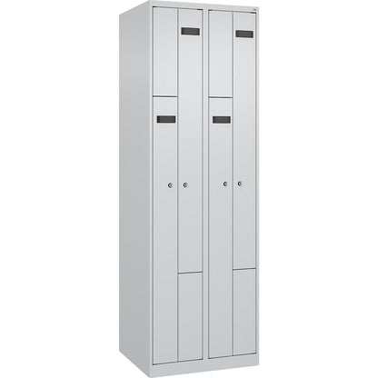 Evolo PLUS Z-locker, 2 compartments, light grey, W 600 mm, 4 compartments, with floor glides, cylinder lock.