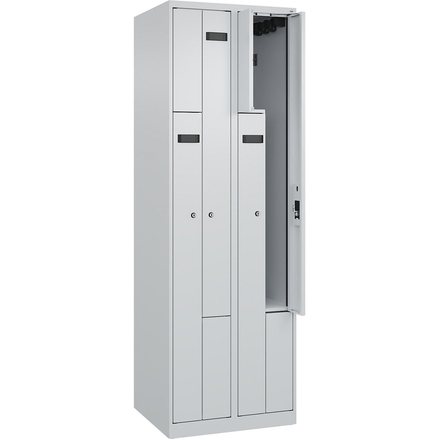Evolo PLUS Z-locker, 2 compartments, light grey, W 600 mm, 4 compartments, with floor glides, cylinder lock.