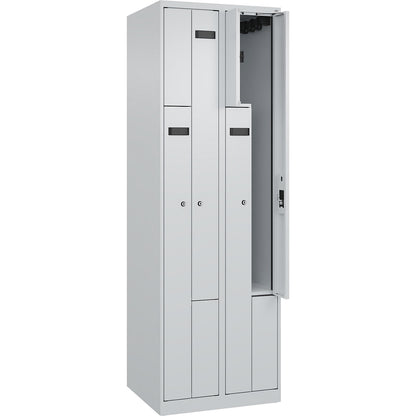 Evolo PLUS Z-locker, 2 compartments, light grey, W 600 mm, 4 compartments, with floor glides, cylinder lock.