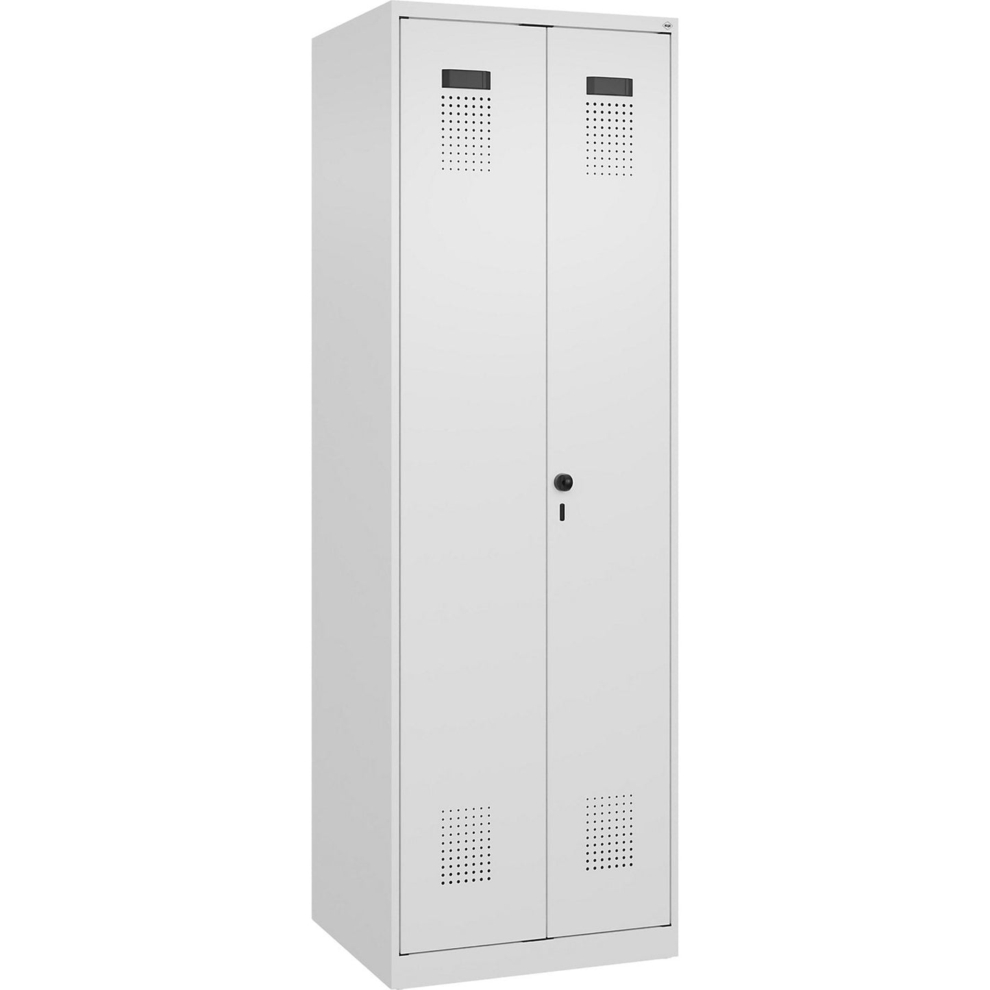Evolo PLUS clean and dirty locker, 1 compartment, shortened centre divider, white, W 600 mm, with floor glides, security rotary bolt.