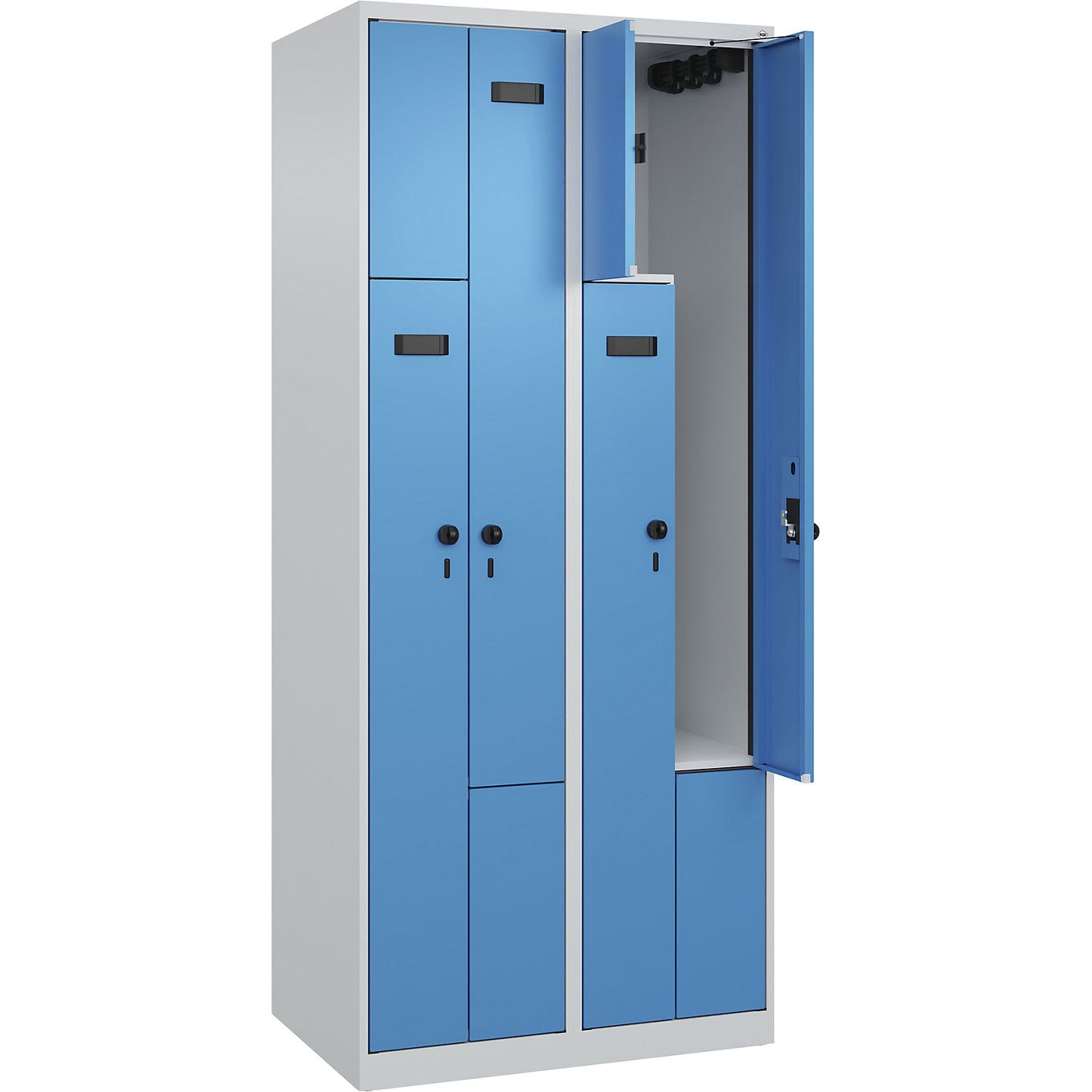Evolo PLUS Z-locker, 2 compartments, light grey / light blue, W 800 mm, 4 compartments, with floor glides, security rotary bolt.