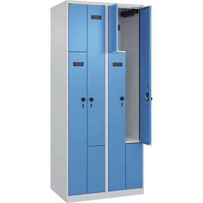Evolo PLUS Z-locker, 2 compartments, light grey / light blue, W 800 mm, 4 compartments, with floor glides, security rotary bolt.
