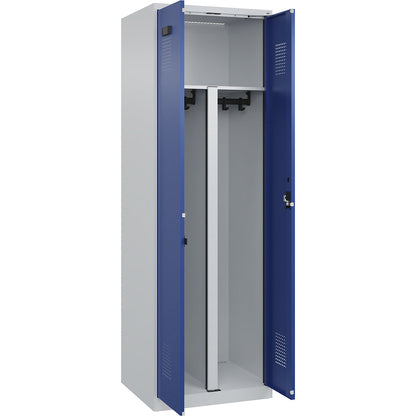 Evolo PLUS clean and dirty locker, 1 compartment, shortened centre divider, light grey / gentian blue, W 600 mm, with floor glides, cylinder lock.