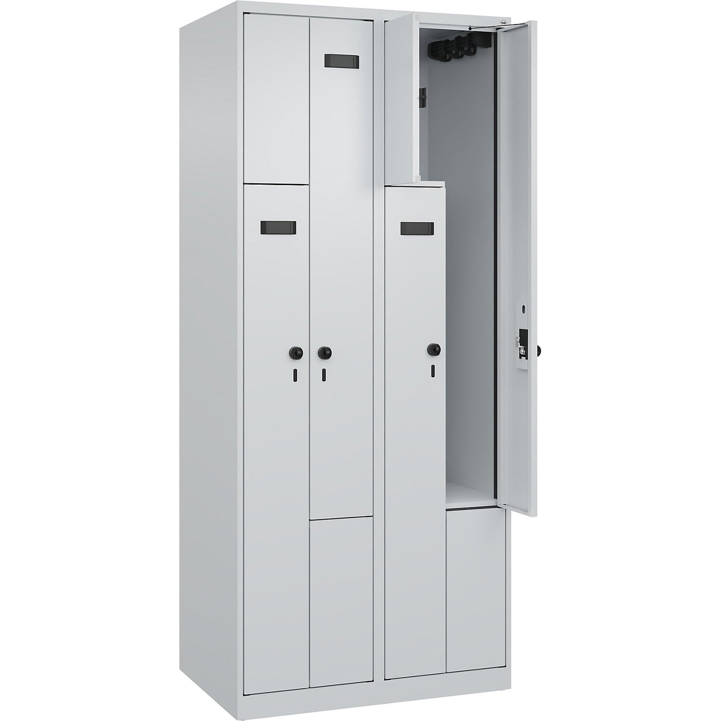 Evolo PLUS Z-locker, 2 compartments, light grey, W 800 mm, 4 compartments, with floor glides, security rotary bolt.