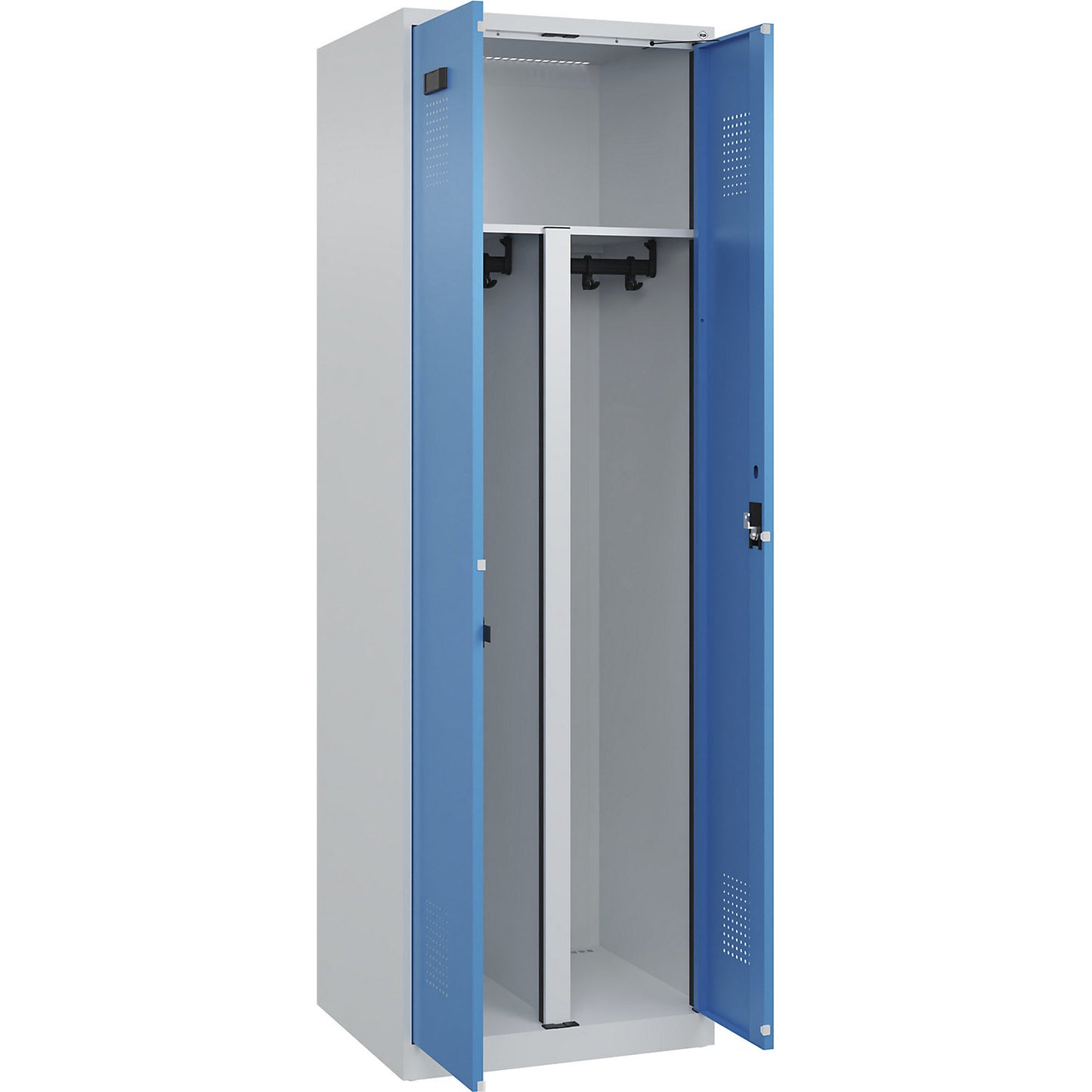 Evolo PLUS clean and dirty locker, 1 compartment, shortened centre divider, light grey / light blue, W 600 mm, with floor glides, cylinder lock.