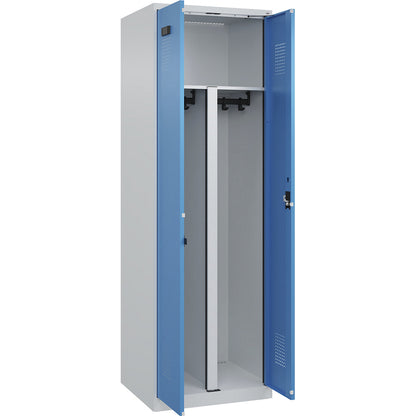Evolo PLUS clean and dirty locker, 1 compartment, shortened centre divider, light grey / light blue, W 600 mm, with floor glides, cylinder lock.