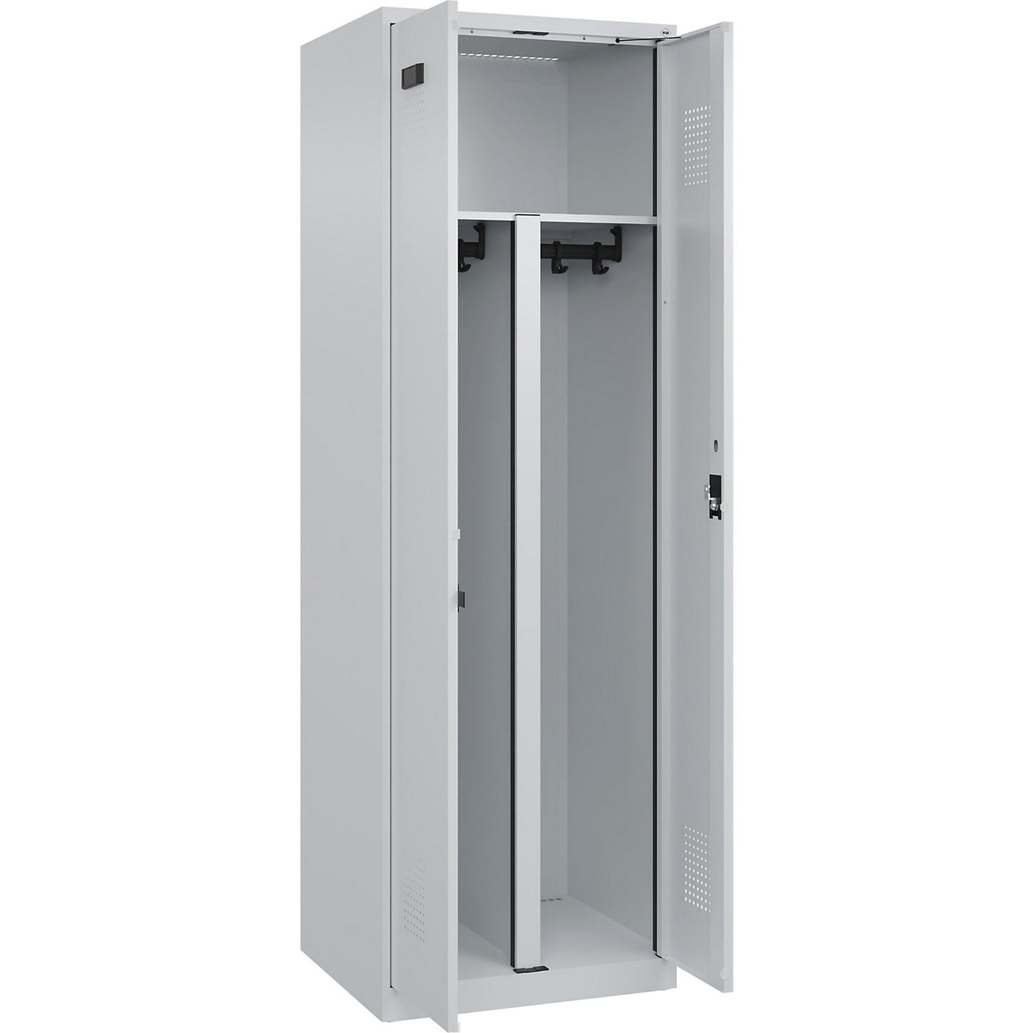 Evolo PLUS clean and dirty locker, 1 compartment, shortened centre divider, light grey, W 600 mm, with floor glides, cylinder lock.