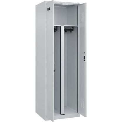 Evolo PLUS clean and dirty locker, 1 compartment, shortened centre divider, light grey, W 600 mm, with floor glides, cylinder lock.