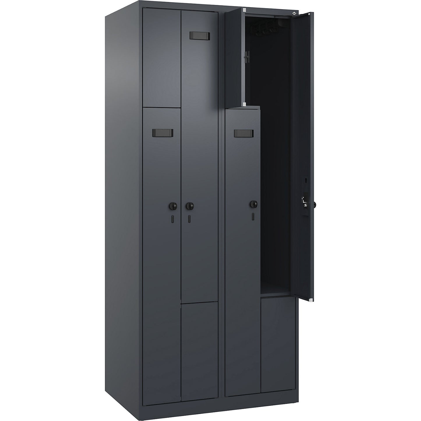 Evolo PLUS Z-locker, 2 compartments, grey, W 800 mm, 4 compartments, with floor glides, security rotary bolt.