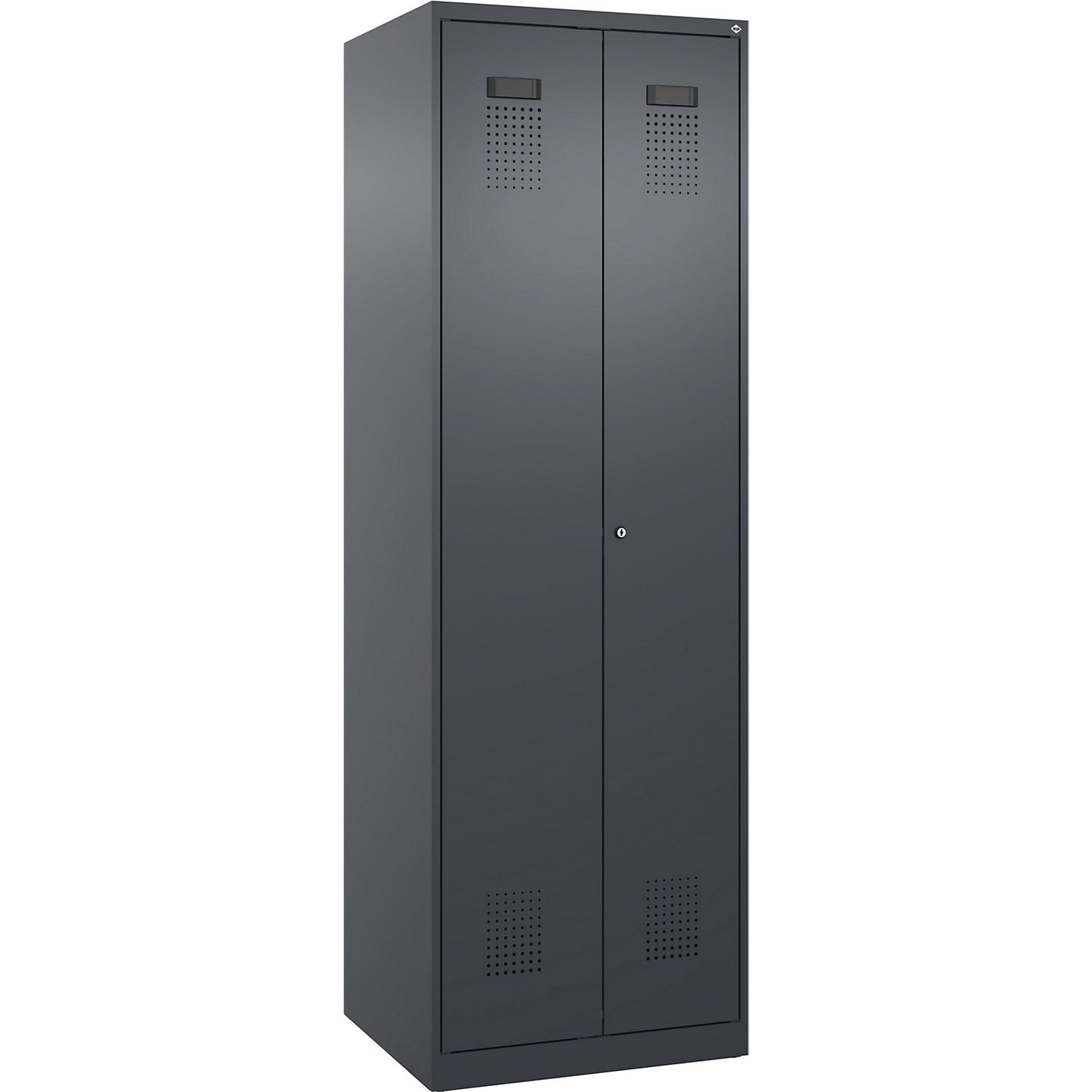 Evolo PLUS clean and dirty locker, 1 compartment, shortened centre divider, grey, W 600 mm, with floor glides, cylinder lock.