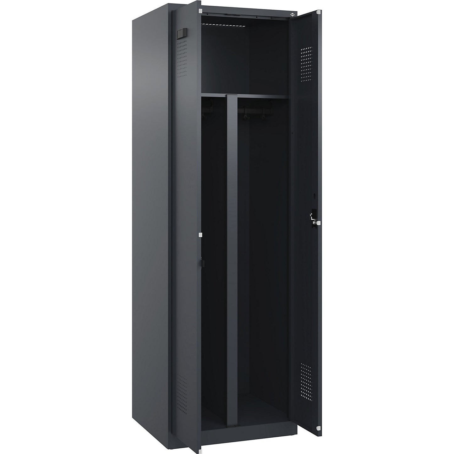 Evolo PLUS clean and dirty locker, 1 compartment, shortened centre divider, grey, W 600 mm, with floor glides, cylinder lock.