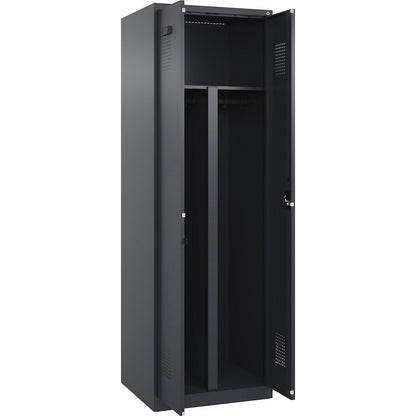 Evolo PLUS clean and dirty locker, 1 compartment, shortened centre divider, grey, W 600 mm, with floor glides, cylinder lock.