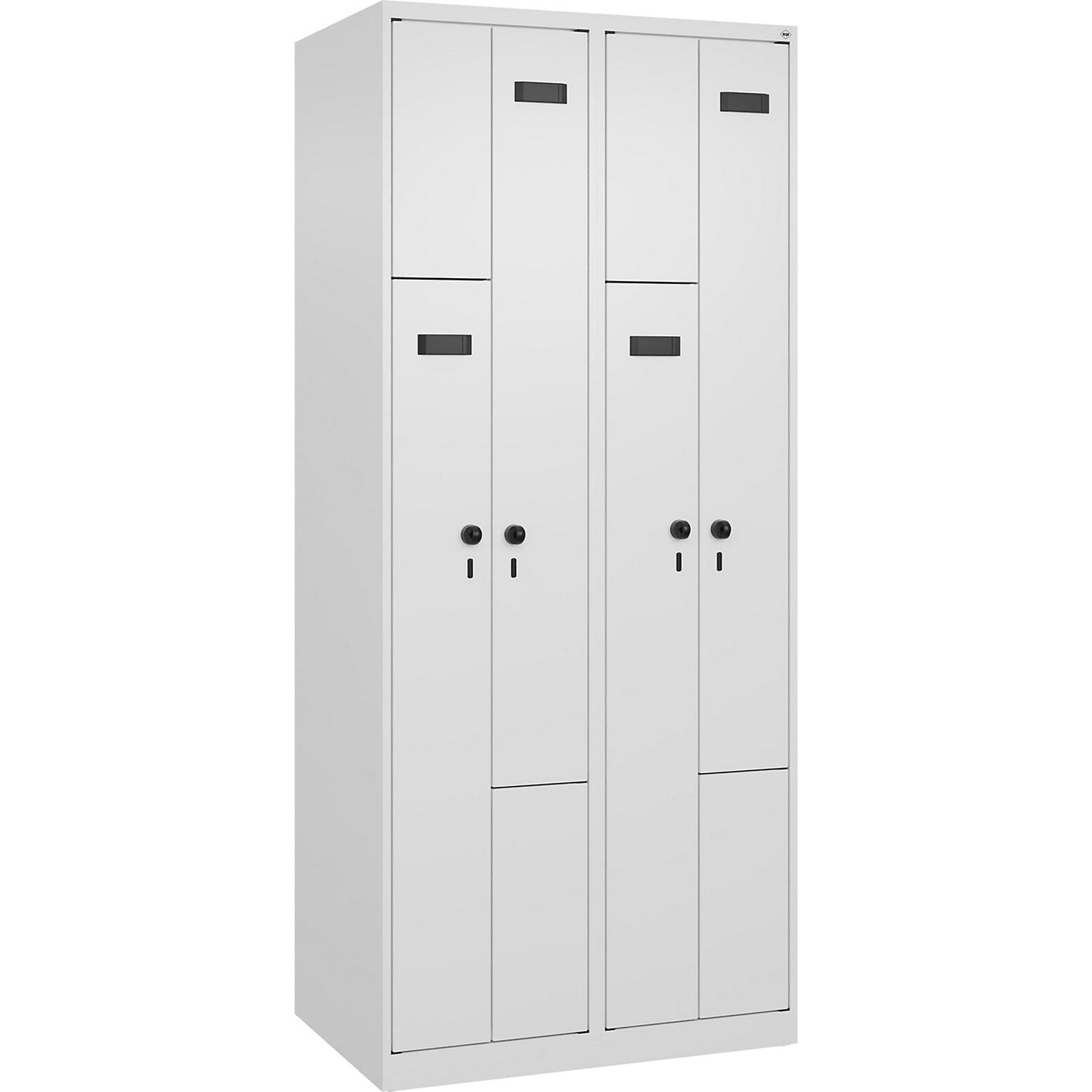 Evolo PLUS Z-locker, 2 compartments, white, W 800 mm, 4 compartments, with floor glides, security rotary bolt.