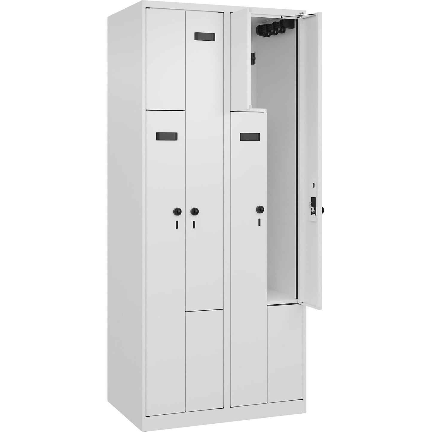 Evolo PLUS Z-locker, 2 compartments, white, W 800 mm, 4 compartments, with floor glides, security rotary bolt.