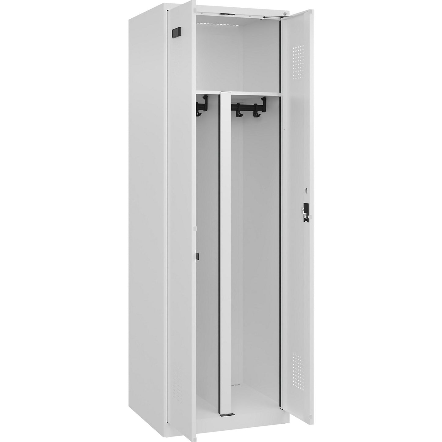 Evolo PLUS clean and dirty locker, 1 compartment, shortened centre divider, white, W 600 mm, with floor glides, cylinder lock.