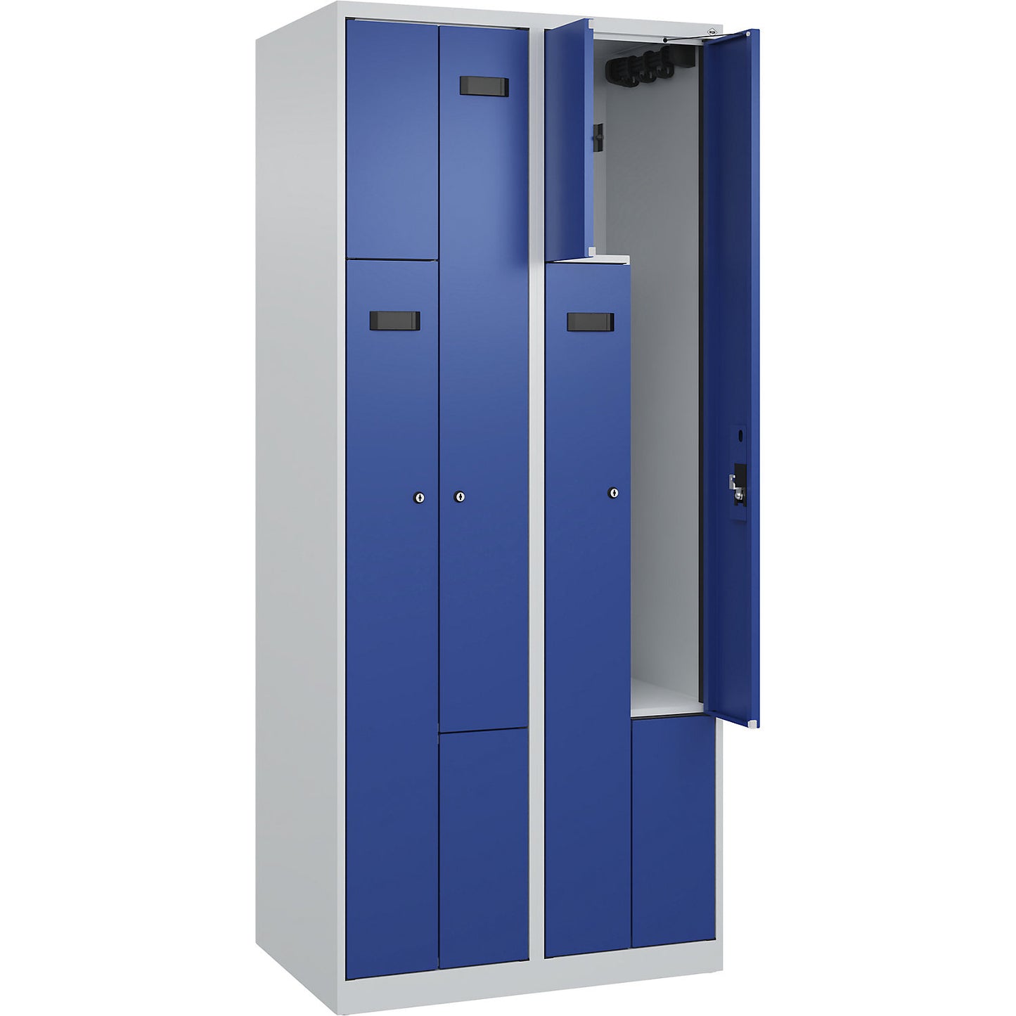 Evolo PLUS Z-locker, 2 compartments, light grey / gentian blue, W 800 mm, 4 compartments, with floor glides, cylinder lock.