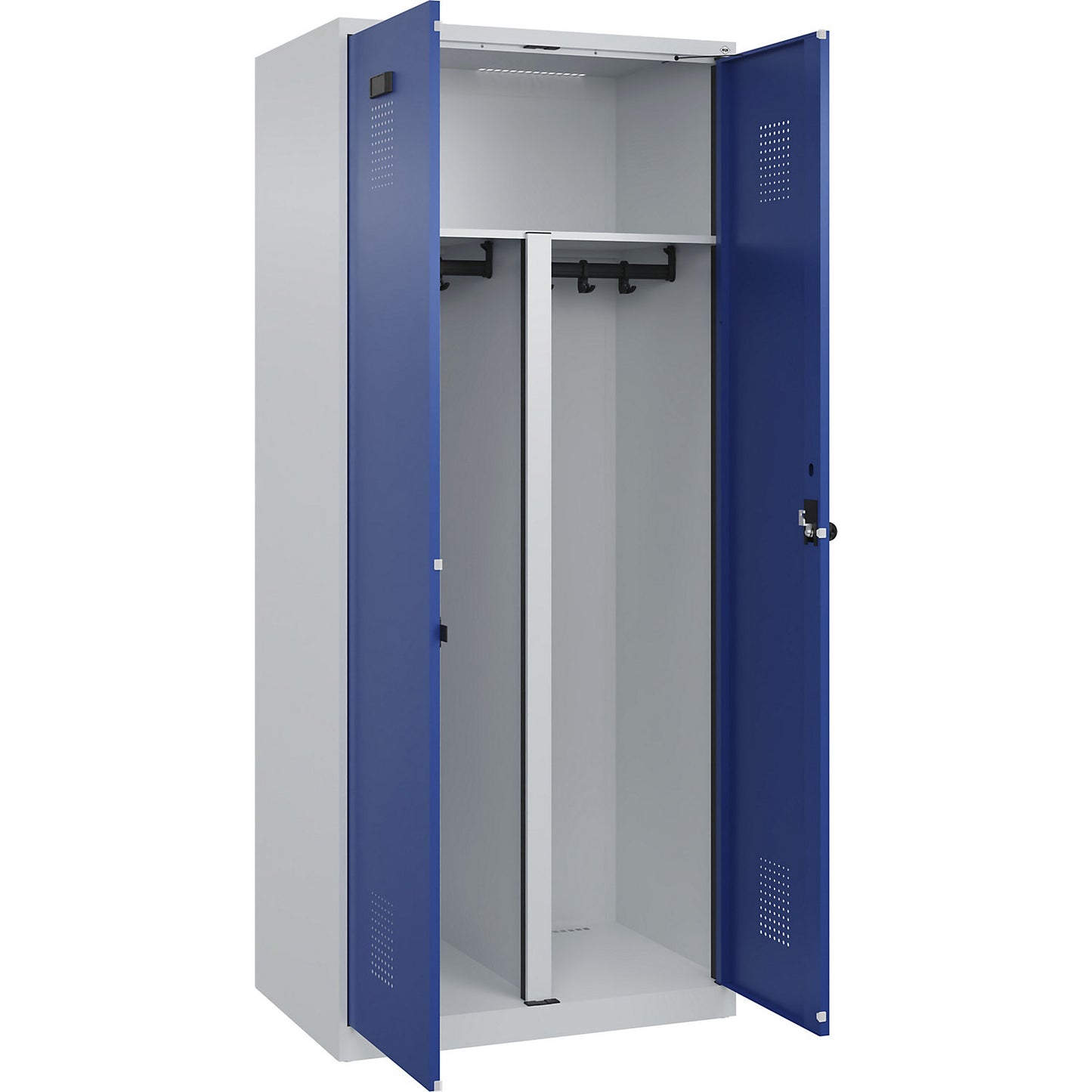 Evolo PLUS clean and dirty locker, 1 compartment, shortened centre divider, light grey / gentian blue, W 800 mm, with floor glides, security rotary bolt.