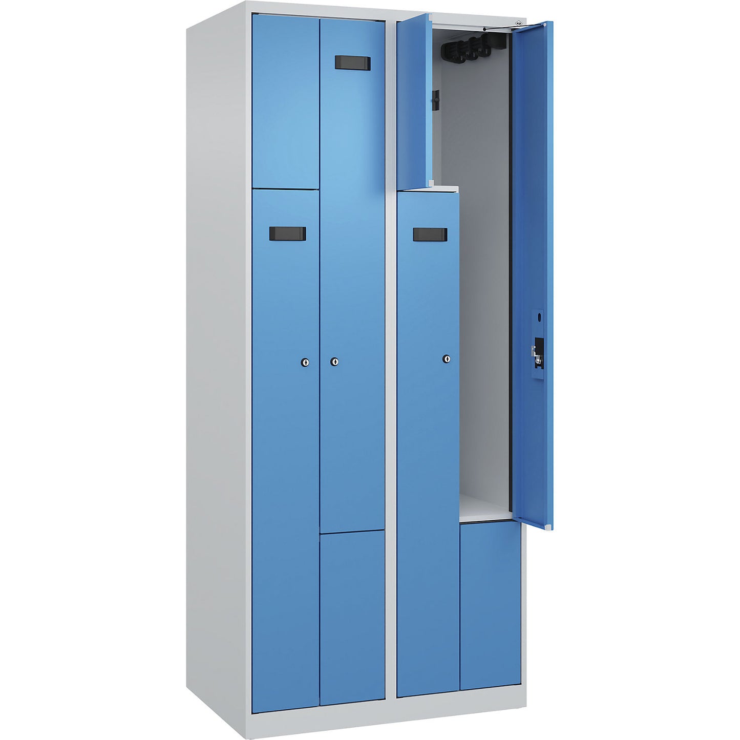 Evolo PLUS Z-locker, 2 compartments, light grey / light blue, W 800 mm, 4 compartments, with floor glides, cylinder lock.