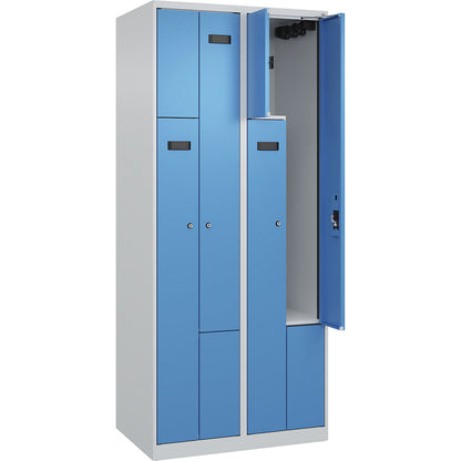 Evolo PLUS Z-locker, 2 compartments, light grey / light blue, W 800 mm, 4 compartments, with floor glides, cylinder lock.