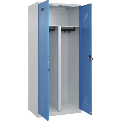 Evolo PLUS clean and dirty locker, 1 compartment, shortened centre divider, light grey / light blue, W 800 mm, with floor glides, security rotary bolt.