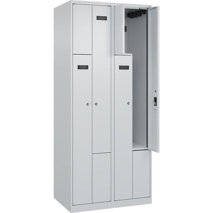 Evolo PLUS Z-locker, 2 compartments, light grey, W 800 mm, 4 compartments, with floor glides, cylinder lock.