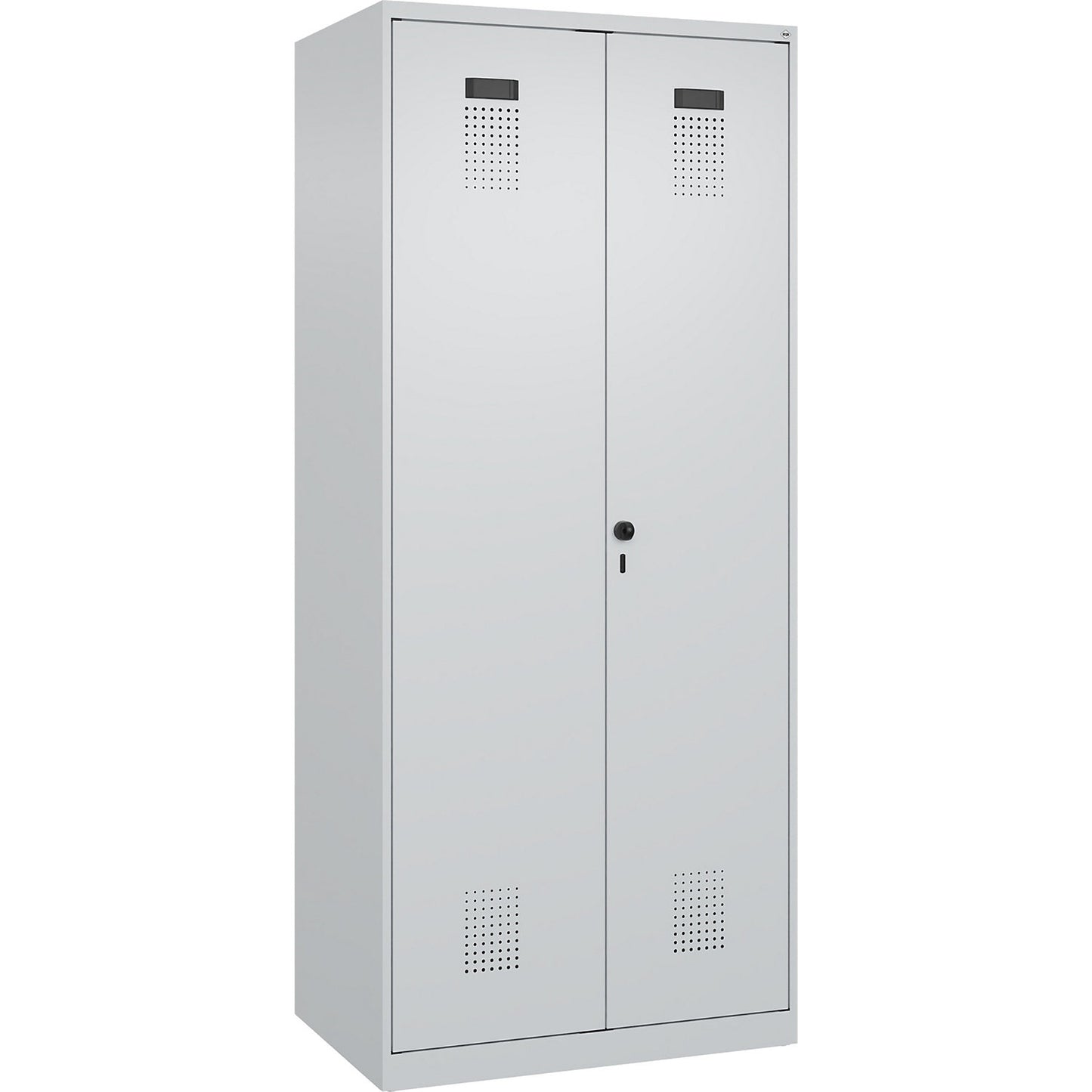 Evolo PLUS clean and dirty locker, 1 compartment, shortened centre divider, light grey, W 800 mm, with floor glides, security rotary bolt.