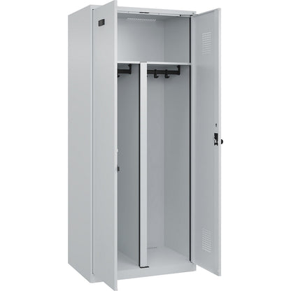 Evolo PLUS clean and dirty locker, 1 compartment, shortened centre divider, light grey, W 800 mm, with floor glides, security rotary bolt.