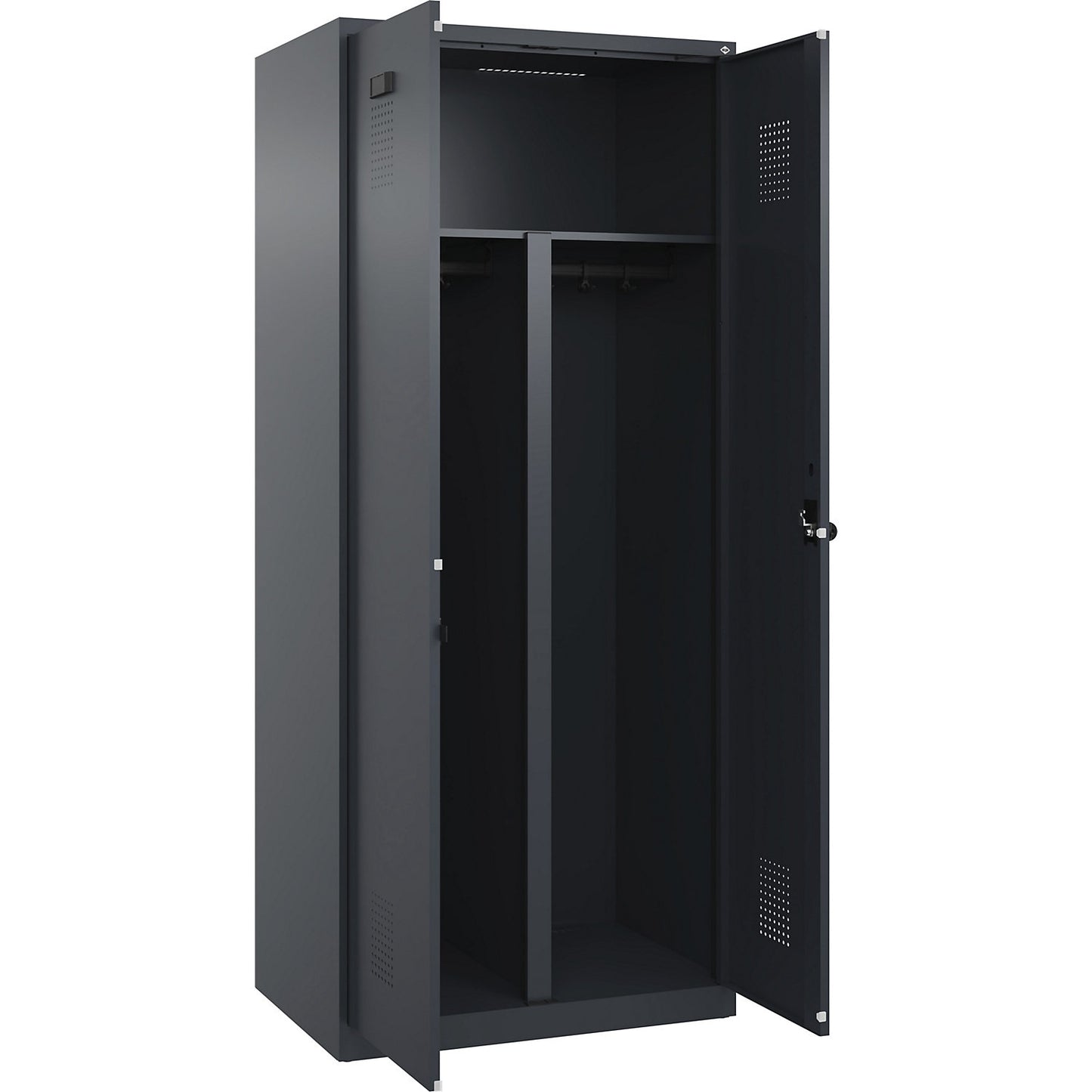 Evolo PLUS clean and dirty locker, 1 compartment, shortened centre divider, grey, W 800 mm, with floor glides, security rotary bolt.