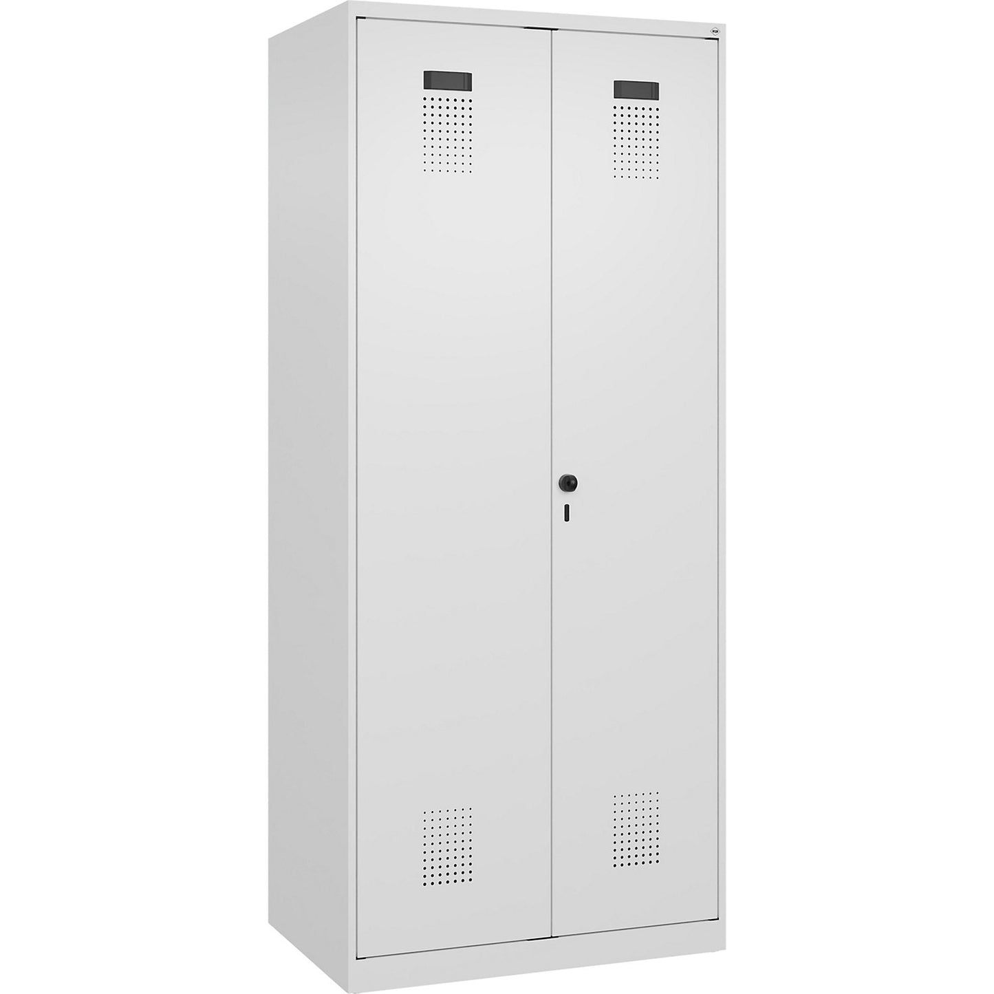 Evolo PLUS clean and dirty locker, 1 compartment, shortened centre divider, white, W 800 mm, with floor glides, security rotary bolt.