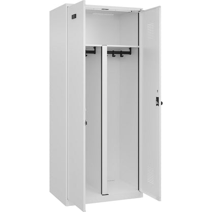 Evolo PLUS clean and dirty locker, 1 compartment, shortened centre divider, white, W 800 mm, with floor glides, security rotary bolt.