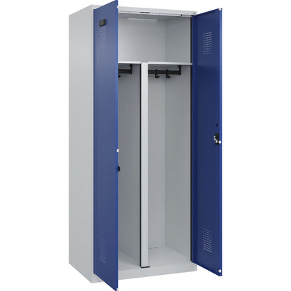 Evolo PLUS clean and dirty locker, 1 compartment, shortened centre divider, light grey / gentian blue, W 800 mm, with floor glides, cylinder lock.