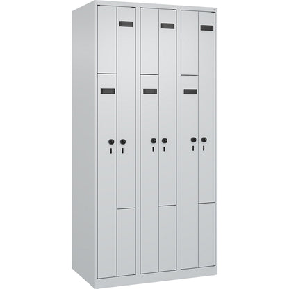 Evolo PLUS Z-locker, 3 compartments, light grey, W 900 mm, 6 compartments, with floor glides, security rotary bolt.