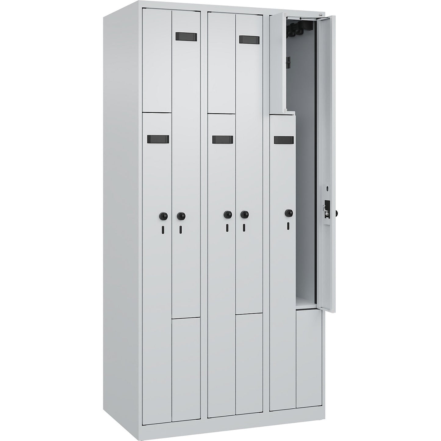 Evolo PLUS Z-locker, 3 compartments, light grey, W 900 mm, 6 compartments, with floor glides, security rotary bolt.
