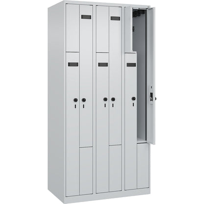 Evolo PLUS Z-locker, 3 compartments, light grey, W 900 mm, 6 compartments, with floor glides, security rotary bolt.