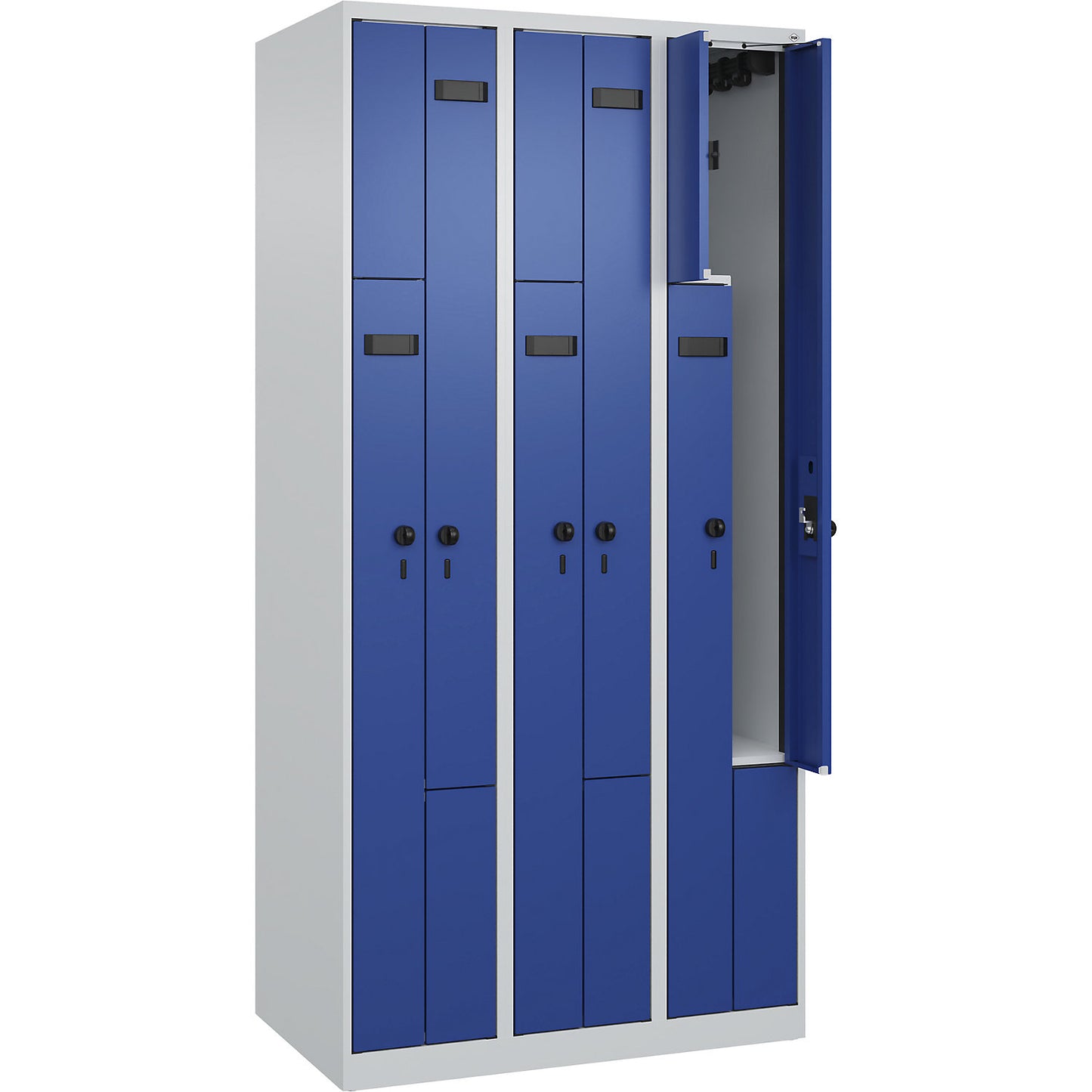 Evolo PLUS Z-locker, 3 compartments, light grey / gentian blue, W 900 mm, 6 compartments, with floor glides, security rotary bolt.