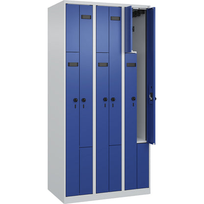 Evolo PLUS Z-locker, 3 compartments, light grey / gentian blue, W 900 mm, 6 compartments, with floor glides, security rotary bolt.